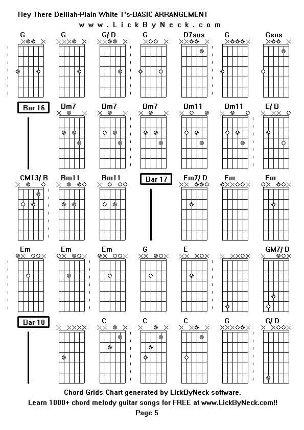 Chord Grids Chart of chord melody fingerstyle guitar song-Hey There Delilah-Plain White T's-BASIC ARRANGEMENT,generated by LickByNeck software.